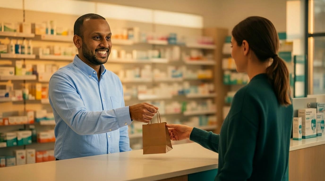 Nexus Pharmacy community pharmacy interior in Bristol with warm lighting and consultation counter