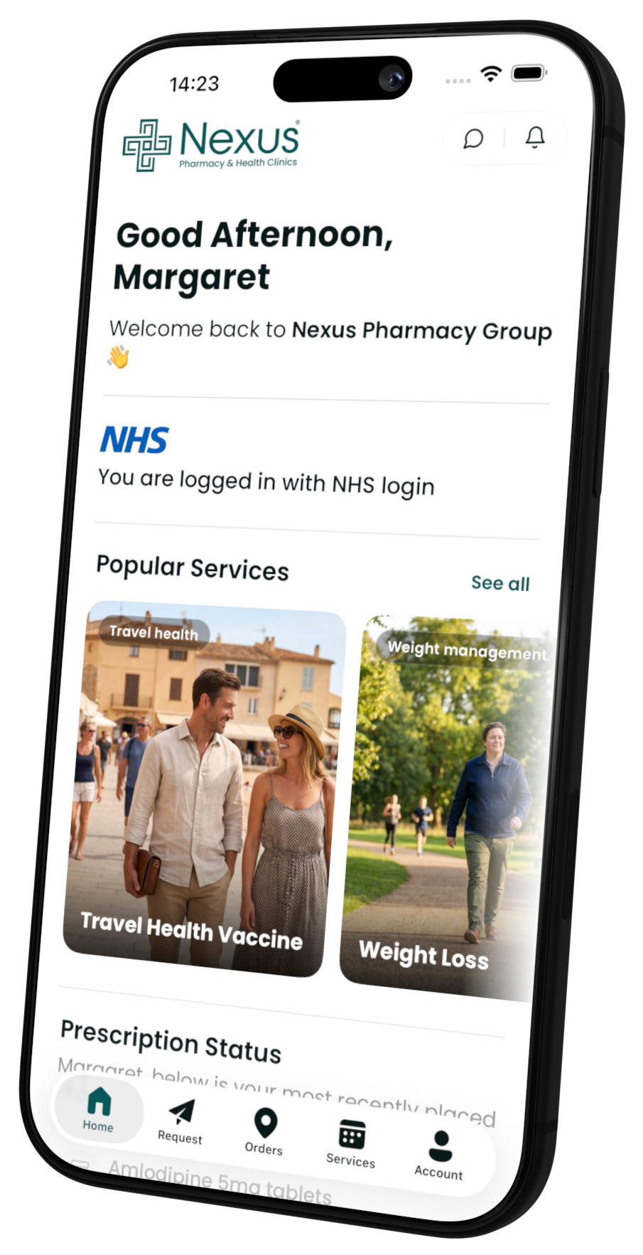 Nexus Pharmacy app showing prescription status and NHS login